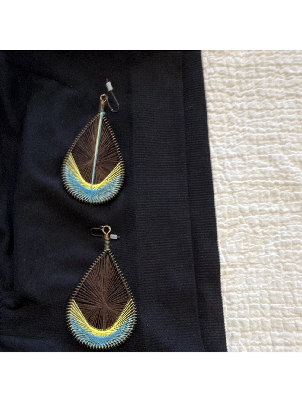 Handcrafted Brown, Yellow & Blue Teardrop Thread Earrings - Unknown Brand